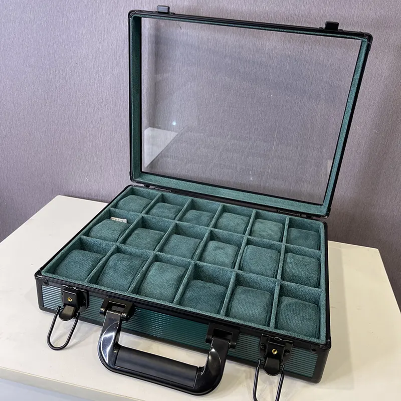 18 Slots  Watch Organizer Box Dark Green High Materials Top Glass Window